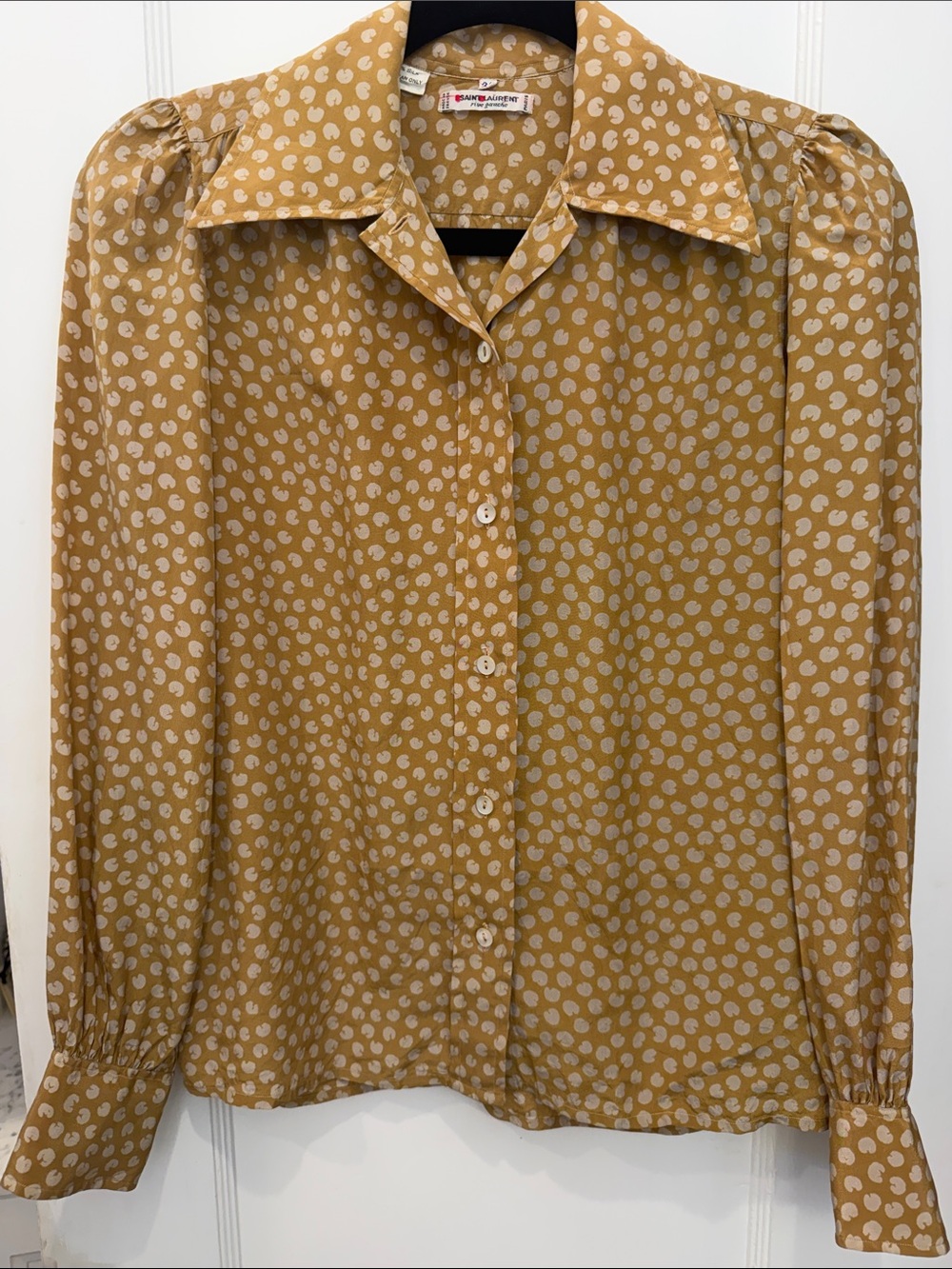 Saint Laurent Paris Silk Mustard Yellow Polka Dot Silk Button-Down Shirt Vintage